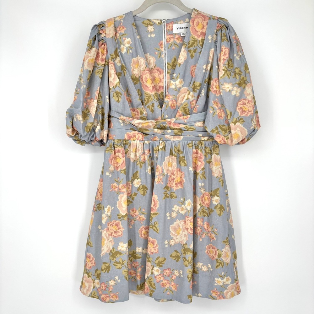 Yumi Kim Gayle Dress Sz XS Blue Pink Linen Blend Floral Puff Sleeve V Neck Midi - Picture 3 of 16
